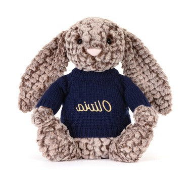 Bashful Luxe Bunny Pine with Personalised Navy Jumper