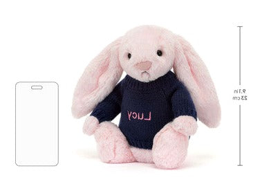Bashful Pink Bunny with Personalised Navy Jumper