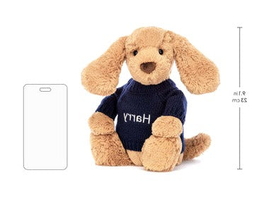 Bashful Toffee Puppy with Personalised Navy Jumper