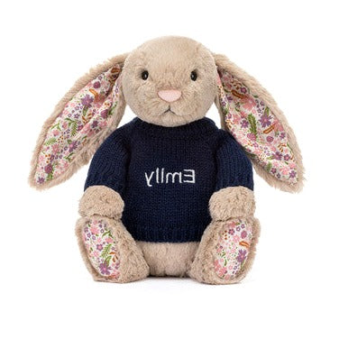 Blossom Beige Bunny 'Petal' with Personalised Navy Jumper