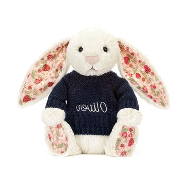 Blossom Cream Bunny 'Berry' with Personalised Navy Jumper