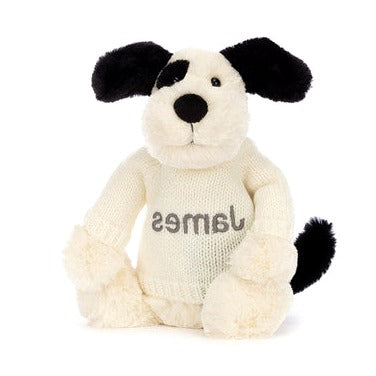 Bashful Black & Cream Puppy with Personalised Cream Jumper