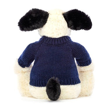 Bashful Black & Cream Puppy with Personalised Navy Jumper