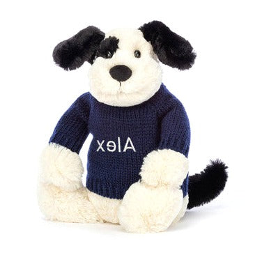 Bashful Black & Cream Puppy with Personalised Navy Jumper