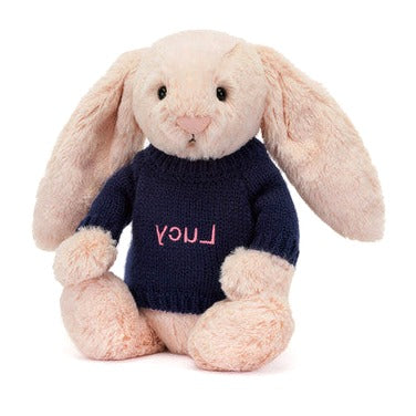 Bashful Blush Bunny with Personalised Navy Jumper