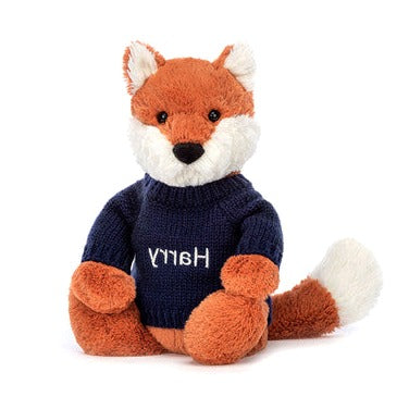 Bashful Fox Cub with Personalised Navy Jumper