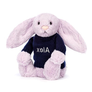Bashful Lilac Bunny with Personalised Navy Jumper