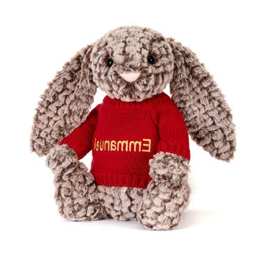 Bashful Luxe Bunny Pine with Personalised Red Jumper