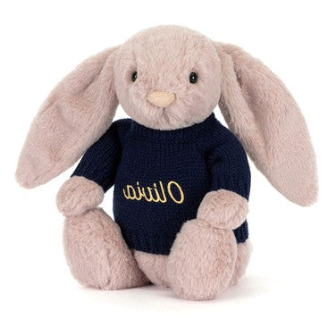 Bashful Luxe Bunny Rosa with Personalised Navy Jumper