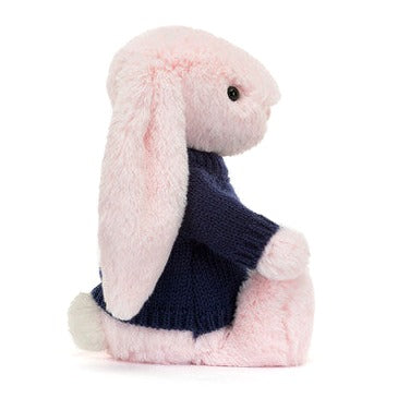 Bashful Pink Bunny with Personalised Navy Jumper