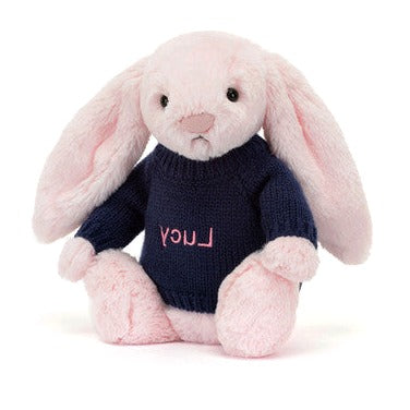 Bashful Pink Bunny with Personalised Navy Jumper