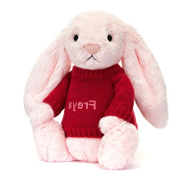 Bashful Pink Bunny with Personalised Red Jumper