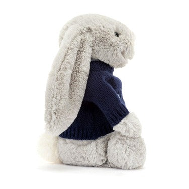 Bashful Silver Bunny with Personalised Navy Jumper