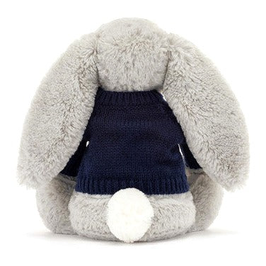 Bashful Silver Bunny with Personalised Navy Jumper