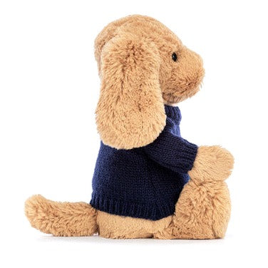 Bashful Toffee Puppy with Personalised Navy Jumper