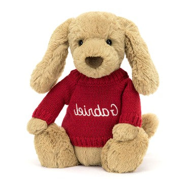 Bashful Toffee Puppy with Personalised Red Jumper