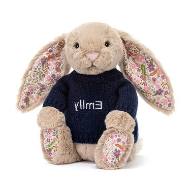 Blossom Beige Bunny 'Petal' with Personalised Navy Jumper