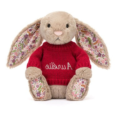 Blossom Beige Bunny 'Petal' with Personalised Red Jumper