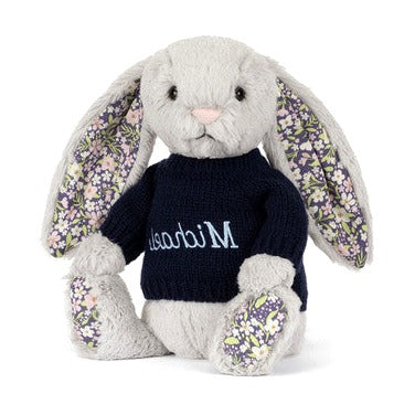 Blossom Silver Bunny 'Bloom' with Personalised Navy Jumper